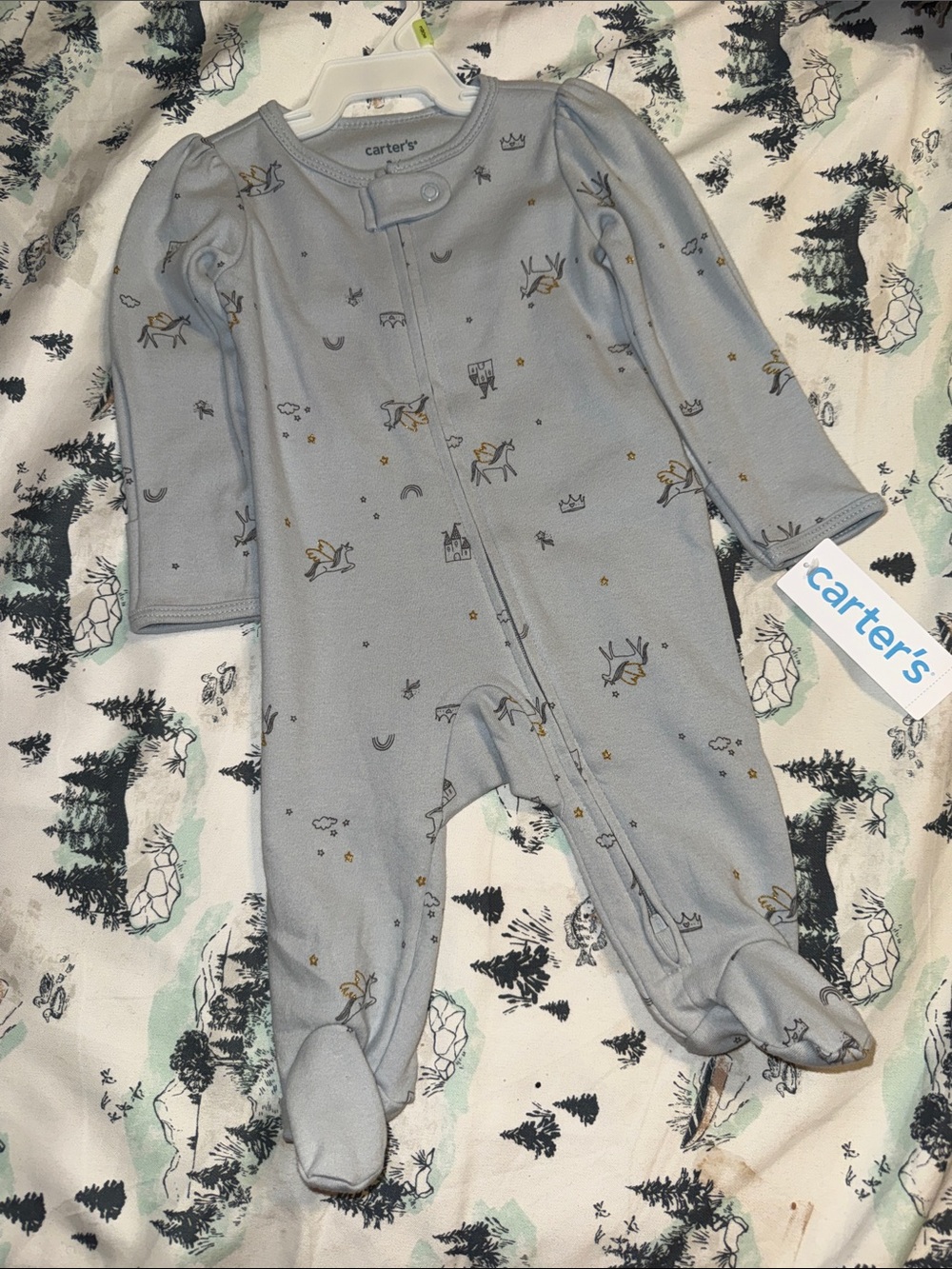 Carter's Light Blue Footed One-Piece with Castle & Unicorns NEW 3Month or 6Month